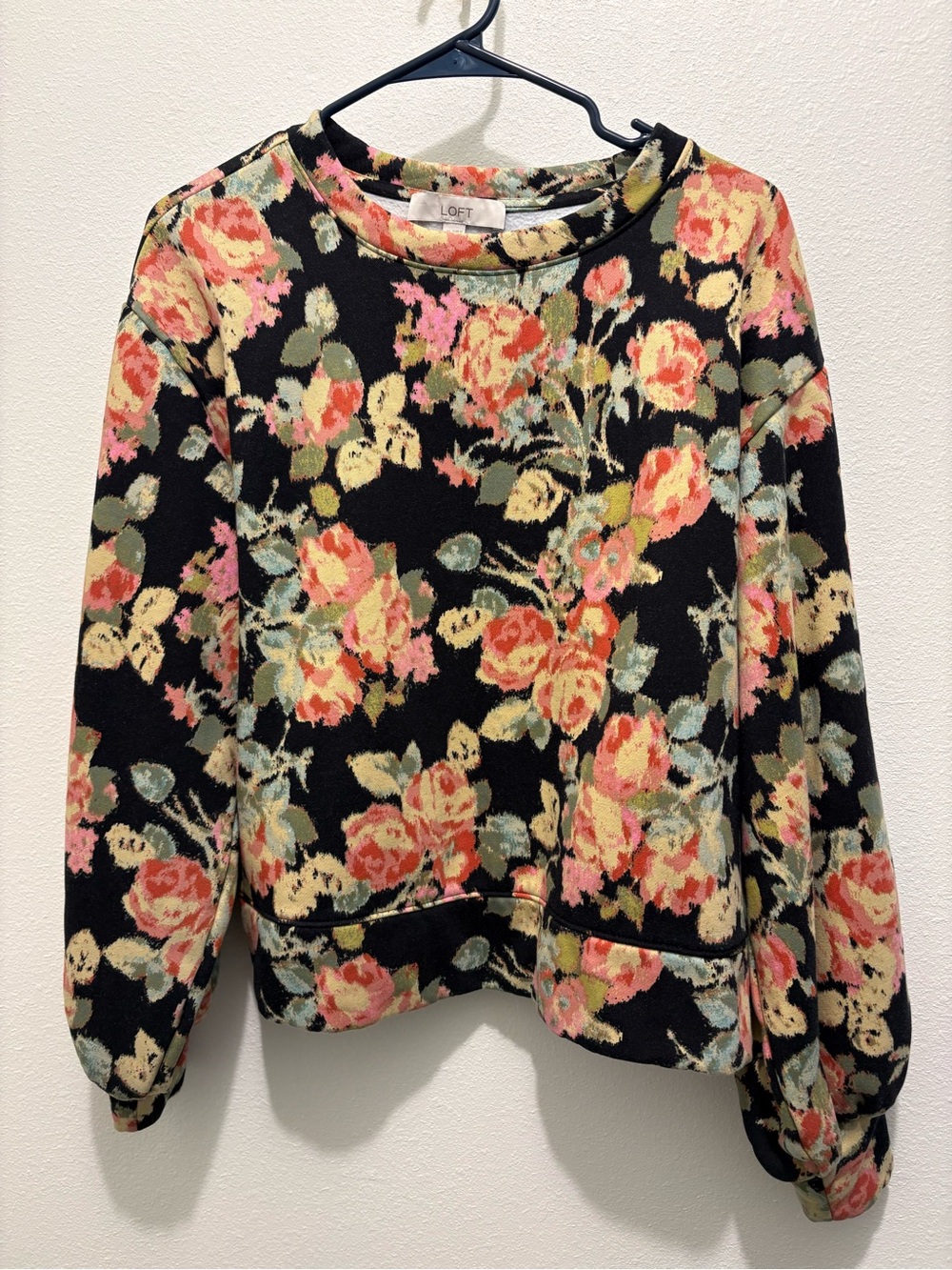 LOFT Black Floral Pullover Sweatshirt - Pink Peach Yellow Roses